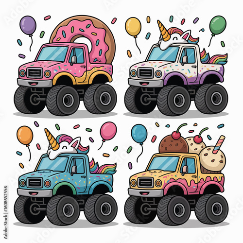 Four colorful monster trucks decorated with sweet treats and unicorn themes for a fun celebration