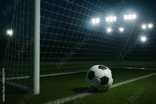Dramatic Night Soccer Scene with Ball Near Goalpost Under Stadium Lights