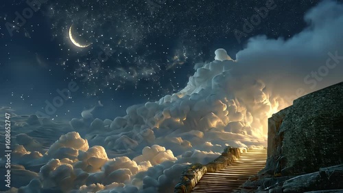 Stairway to Heaven: A Celestial Journey Through Clouds Under a Crescent Moon