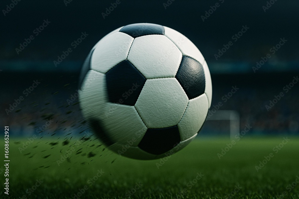 Fototapeta premium Dynamic Close-Up of Soccer Ball Flying Across Green Field in Stadium
