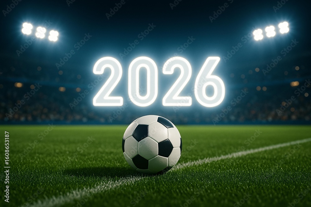 Fototapeta premium Exciting 2026 Soccer Tournament Countdown with Illuminated Sports Stadium