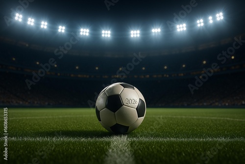 Illuminated Soccer Stadium with 2026 Ball - Night Match Atmosphere