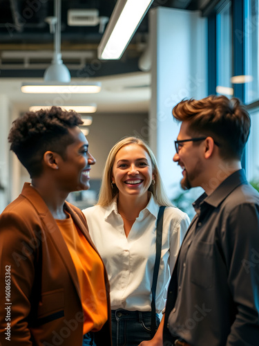 Three colleagues smiling and conversing, captured in a candid moment in a bright, modern office space.
