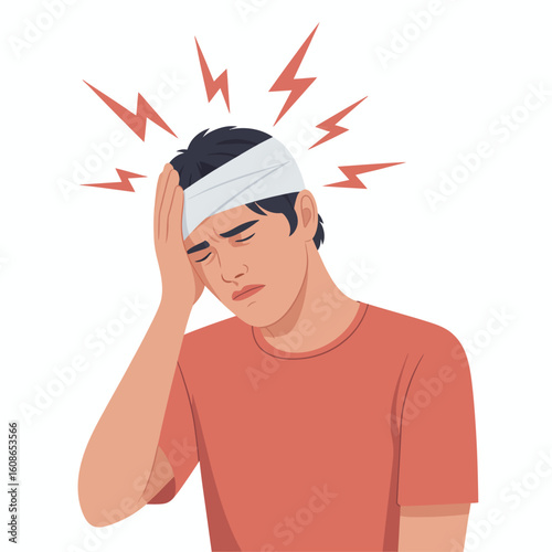 Man With Head Injury: A detailed graphic illustration shows a man with a head injury, bandaged and in visible distress.