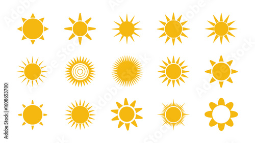 Array of Sun Icons: A collection of various radiant sun icons, each designed with unique patterns and styles, offering a bright, cheerful, and versatile set for diverse design projects.
