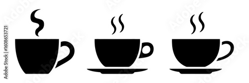 Coffee cup icons: Three steaming coffee cup icons, each a minimalist silhouette, convey warmth and the simple pleasure of a hot beverage.