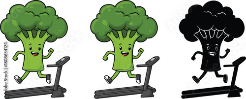 Cartoon broccoli character jogging on treadmill promoting fitness, healthy lifestyle, plant power, cardio workout, and vegetable-themed exercise motivation