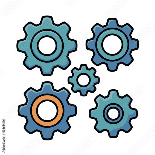 Five interlocking gears in shades of blue and teal representing teamwork and mechanical systems