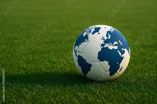 Soccer Ball with World Map on Grass Field Symbolizing Global Football Competitions