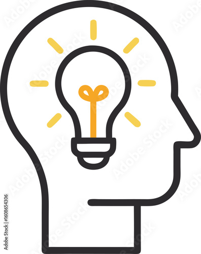Outline icon of a human head with a light bulb on a transparent background