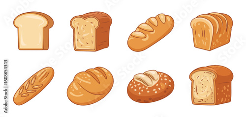 Collection of various types of delicious bread loaves and slices in a flat illustration style