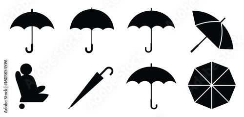 Collection of black umbrella silhouettes in various open and closed positions and a person sitting