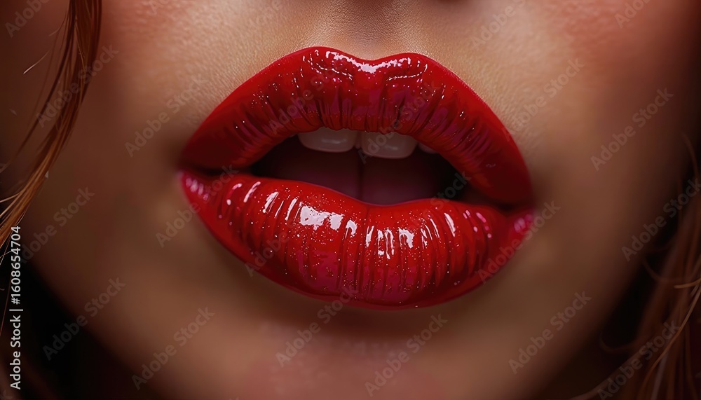 Fototapeta premium Luscious Red Lips Glistening with Gloss, Parted in Seductive Allure
