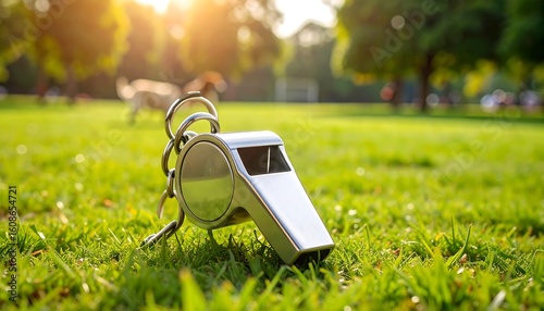 A shiny metal whistle sits on a grassy field.  Blurred background shows park