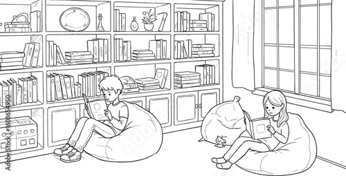 Children reading books on bean bags in cozy home library, promoting peaceful lifestyle, learning habits, and quiet indoor activities.