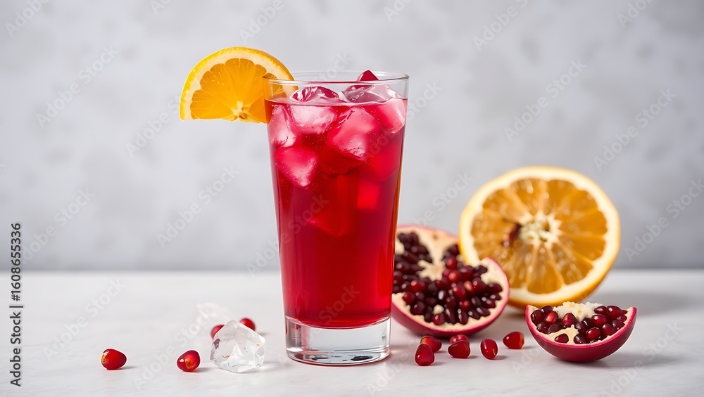custom made wallpaper toronto digitalCold orange and pomegranate drink in a dual-layered presentation, ice chunks visible, on light slate background