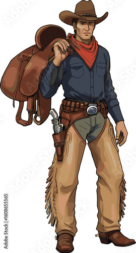 Colorful Western Cowboy Character Holding Saddle – Rugged Ranch Lifestyle Hero with Hat, Gun, and Fringe Chaps in Action Pose

