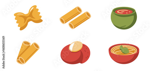 Variety of italian pasta shapes and dishes in a flat illustration style