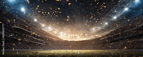 Massive stadium filled with cheering fans, confetti falling