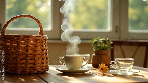 Serene morning scene with steaming coffee cup, wicker basket, and sunlight streaming in