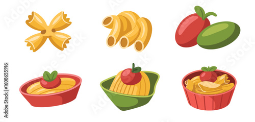 Collection of six colorful cartoon pasta dishes with vegetables and peppers