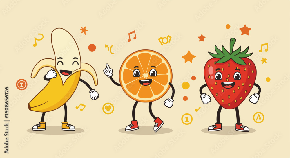 Naklejka premium Whimsical illustration of anthropomorphic fruit characters: a banana, orange slice, and strawberry, set against a tan background with star and musical note accents.