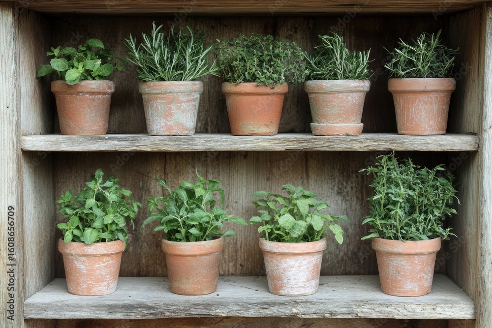 Fototapeta premium Herbs in terracotta pots on wooden shelves