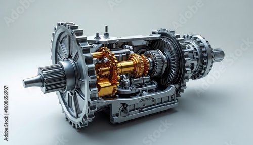 Precision Engineering: Detailed Cutaway of a Gearbox with Contrasting Gold Gears