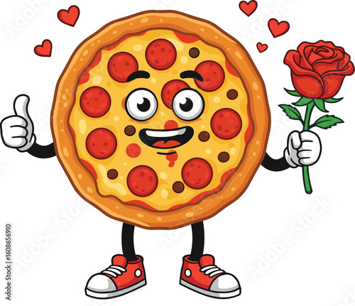 Cute pepperoni pizza cartoon character holding a rose, spreading love and smiles with hearts, thumbs up, and happy expression