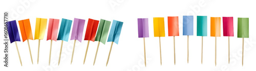 Color toothpick flags. Blank colorful flag on wooden stick, paper banner for food and cocktail decoration isolated on a transparent background