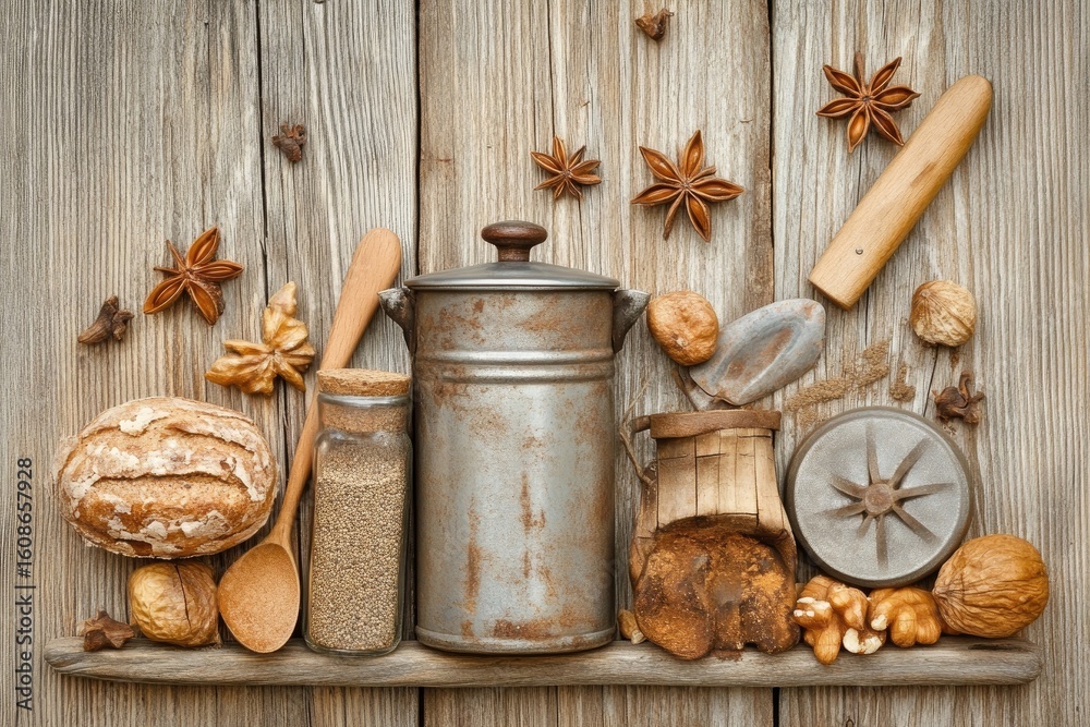 Fototapeta premium Rustic spice and nut display on wooden planks