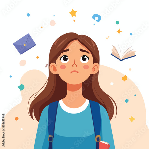 A stressed young woman overwhelmed by schoolwork and responsibilities, depicted in a cartoon illustration.