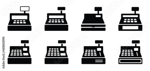 Collection of eight vintage and modern cash register icons in silhouette style