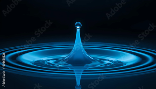 A single water droplet creating ripples in a dark blue environment with a black background space