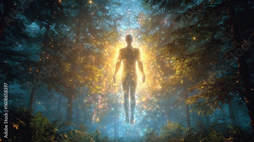 A shimmering, ethereal figure illuminated by colorful particles amidst a mystical forest setting.