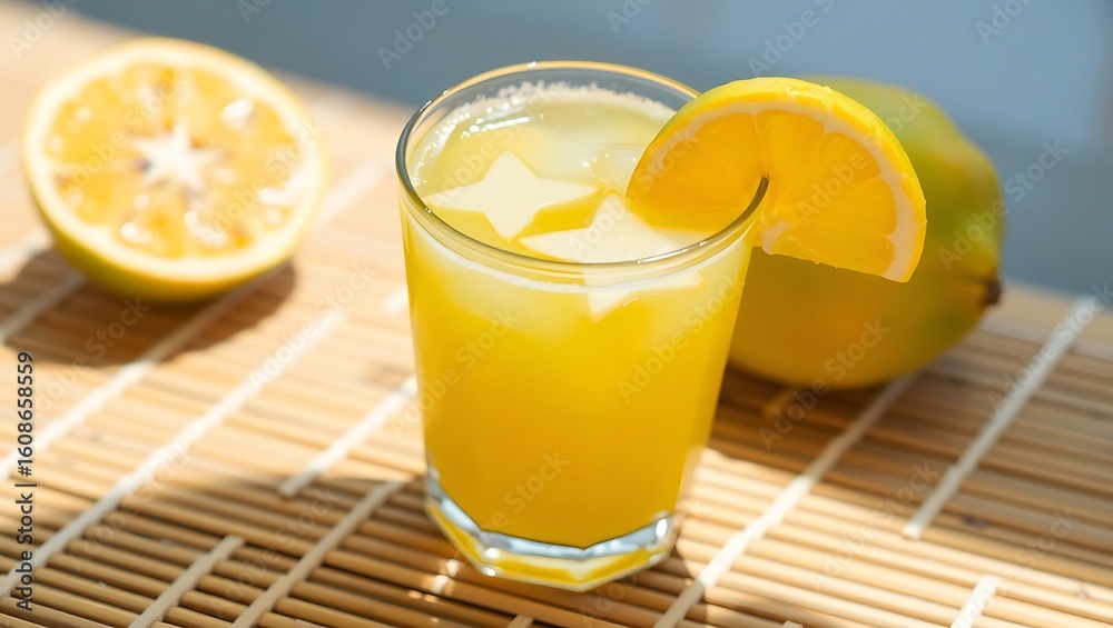 Fototapeta premium Cold starfruit juice with star-shaped slices in the glass, bright daylight on bamboo surface
