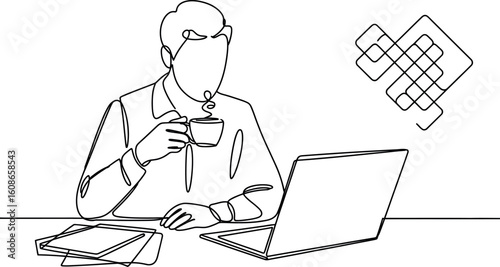 Businessman working on laptop with coffee and abstract thought bubble
