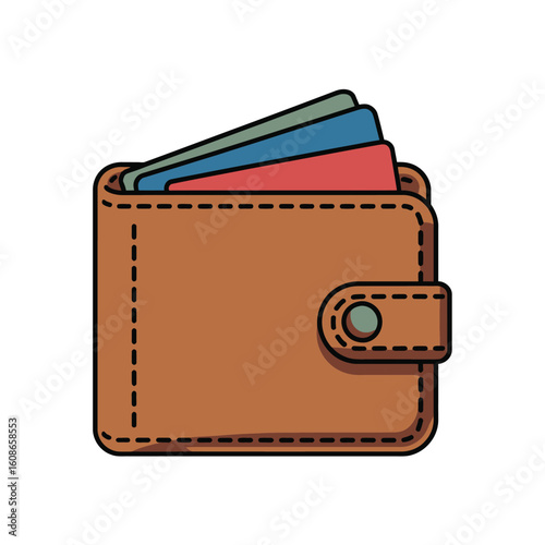 Brown leather wallet with credit cards sticking out on a white background