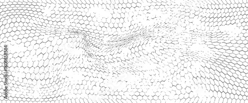 Fishing or soccer net. Repeated hexagon pattern. Black wired mesh texture isolated on white background. Metallic or fabric fence, cage or lattice structure. Vector graphic Illustration.