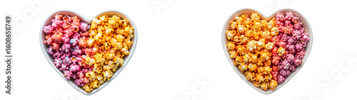 Colorful caramel popcorn in a heart-shaped white bowl isolated on a transparent background
