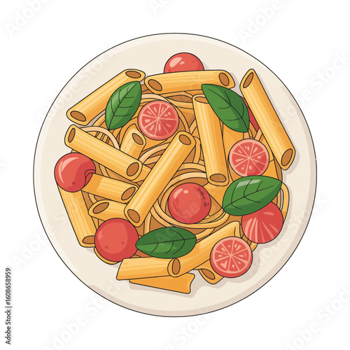 Delicious rigatoni pasta dish with tomatoes sausage and fresh basil leaves