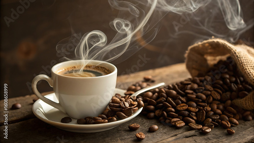 Steaming cup of coffee with roasted beans and burlap sack