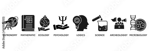 Science icon set vector illustration concept relate to astronomy, mathematic, ecology, psychology, logics, science, archeologist, microbiology