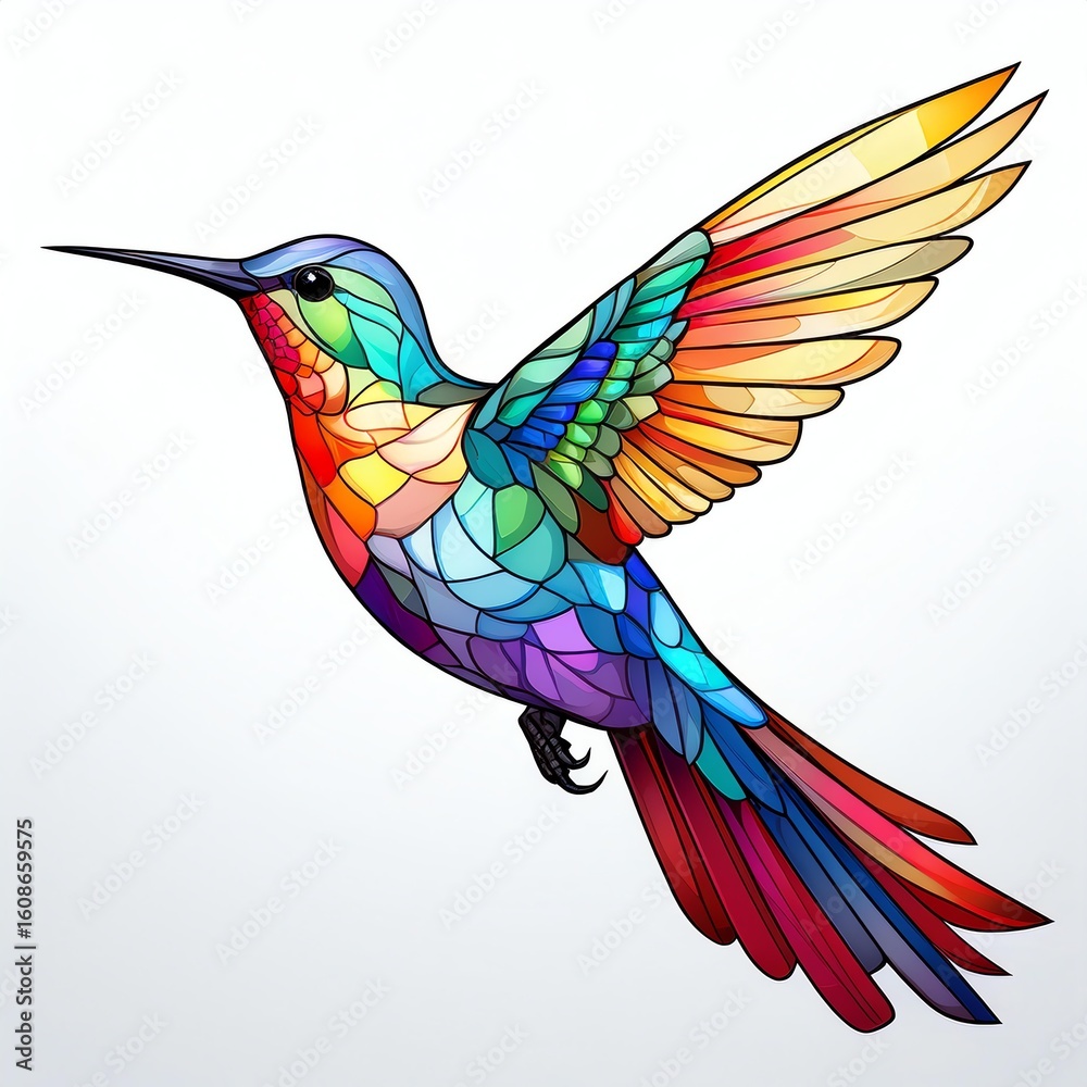 Obraz premium Vibrant stained glass hummingbird with colorful wings in mid-flight, showcasing intricate designs and natural beauty.