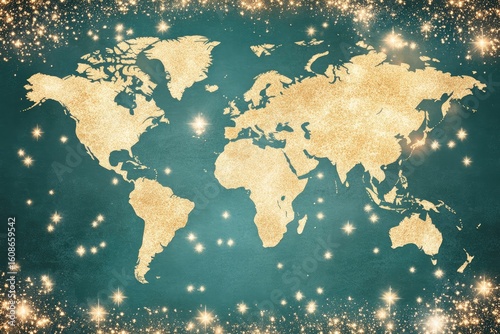 Fototapeta Naklejka Na Ścianę i Meble -  World map, golden, teal, sparkling