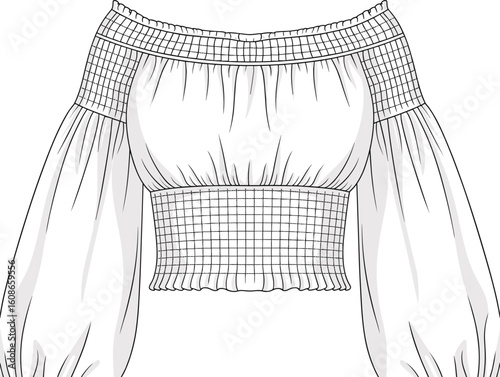 Off-shoulder blouse, smocked details, puff sleeves, grid pattern, fashion sketch, trendy women's top, stylish apparel, cad vector, clothing, illustration