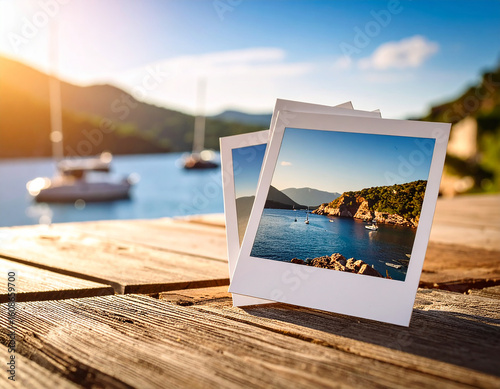 Polaroid Travel Photo Blending with Real Scene: Creative Concept of Snapshot Matching Identical Background, Seamless Vacation Moment with Authentic Landscape and Adventure Ambience