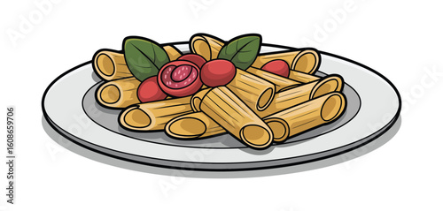 Delicious rigatoni pasta dish with fresh basil and cherry tomatoes served on a white plate