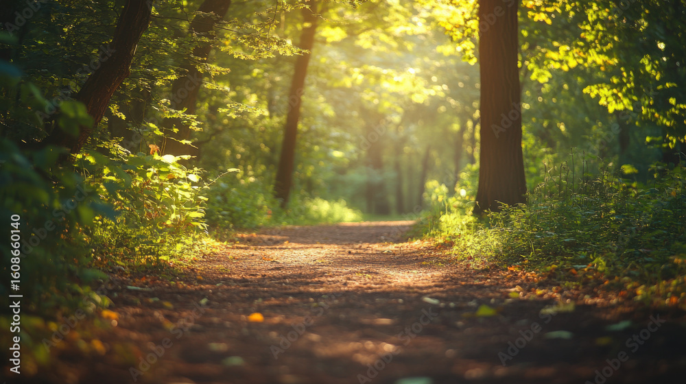 Obraz premium Serene forest path with warm sunlight and lush greenery great for wellness content peaceful escapes walking therapy or meditation