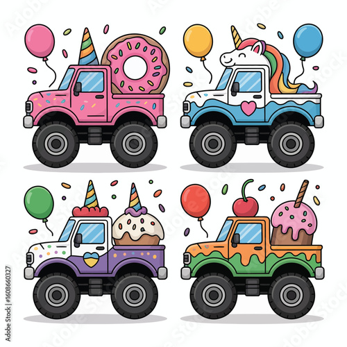 Four whimsical monster trucks decorated with sweet treats and balloons for a fun celebration